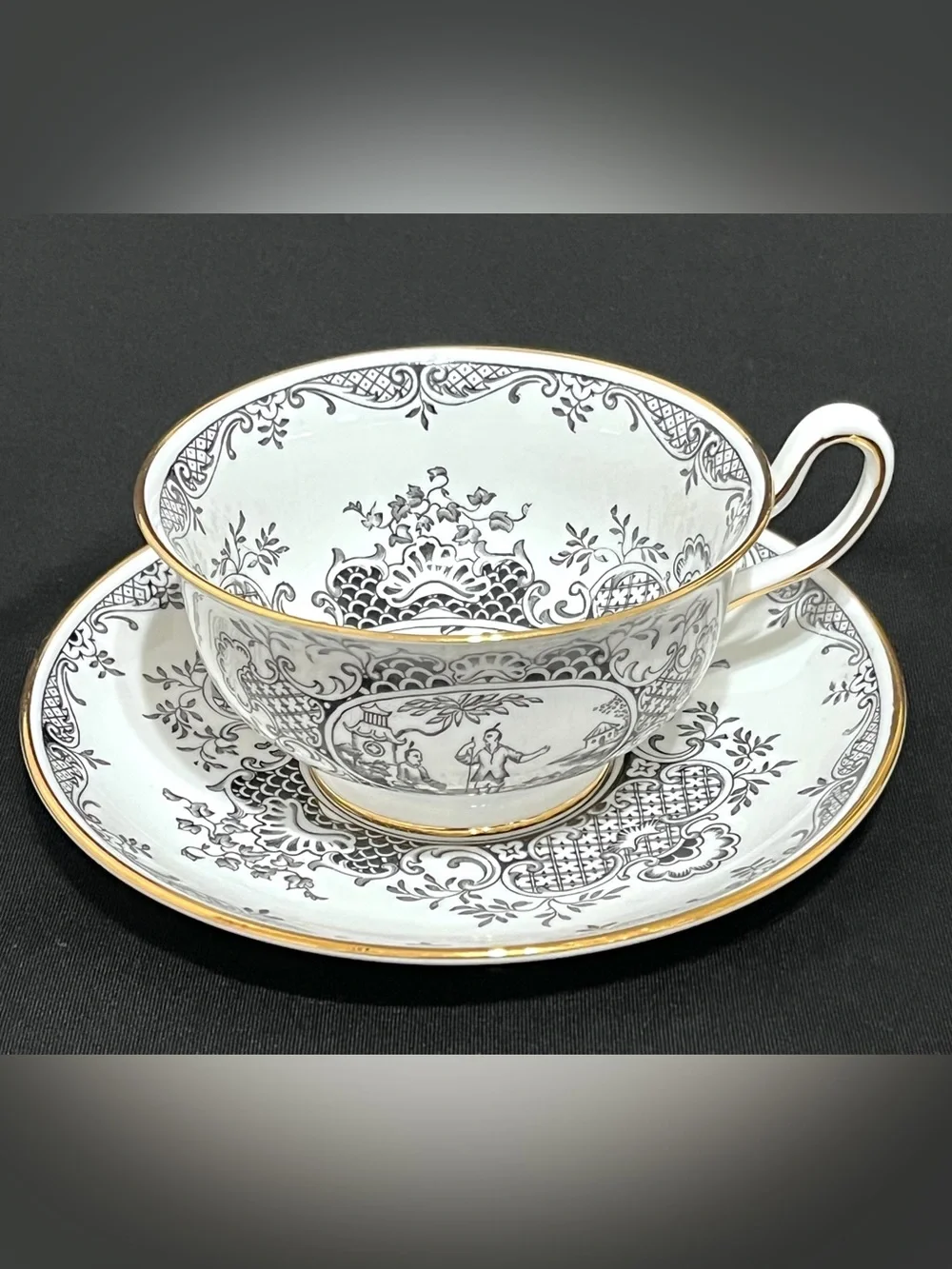 Royal Chelsea England 4419A Black White Chinoiserie Teacup Saucer Set - Picture 1 of 4